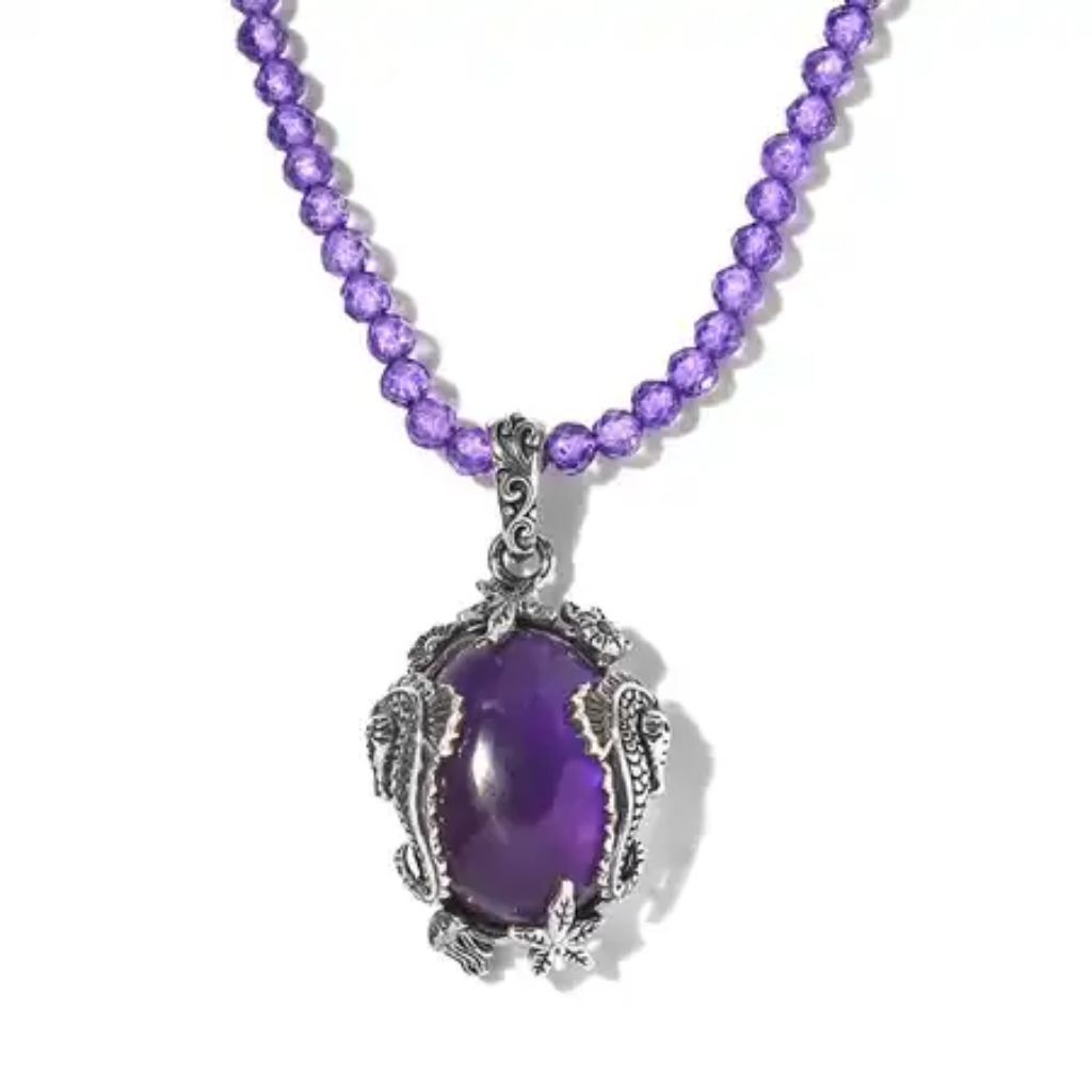 Nwt African Amethyst Pendant On Beaded 20" Necklace In Sterling Silver